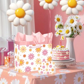 Daisy Groovy Party Bag for Girls Pink Groovy Daisy Flower Wrapping Bag with Tissue Paper Card for Women Retro Hippie Birthday Baby Shower Wedding Wildflower Decorations Party Supplies(White Dasiy)