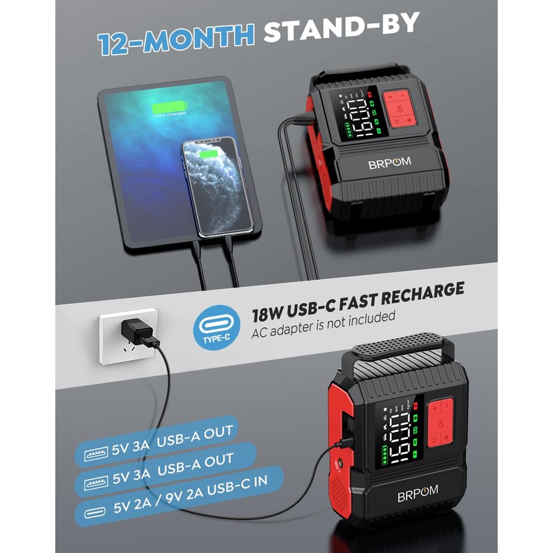 Car Jump Starter with Air Compressor, 160PSI 8000A Peak 26800mah