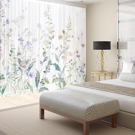 Fereyis Floral Sheer Curtains for Living Room 84 inch Length 2 Panels Set Elegant Purple Flower Green Leaves Printed Window Curtain Chiffon Drapes for Bedroom