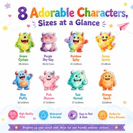 1.5 inches 500pcs Cute Monster Stickers Roll, Waterproof Watercolor Creature Decals, 8 Designs for Water Bottles, Laptops, Journals, Scrapbooking, Party Favors, DIY Crafts, Gift Seals