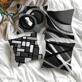 BEWQ Abstract Geometric Throw Pillow Covers, 18X18 inch Set of 4 Square Modern Black, White & Gray Geometry Outdoor Pillow Cases Decorative Cushion Covers, for Home Couch Sofa Car Decor