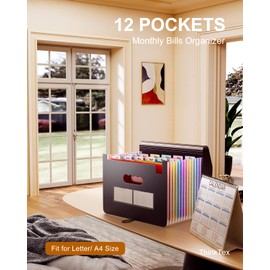 ThinkTex Folder A4 / Document Folder, 12 Compartments, Sorting Folder, Expanding Folder, File Organiser with Elastic Band and Closure Button, A4 Document Pocket, File Folder with Colourful Labels