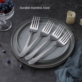 E-far Hammered Serving Forks, 4-Piece Stainless Steel Hostess Serving Utensils Set for Meat Catering Buffet Party Kitchen Restaurant, Non-toxic & Dishwasher Safe