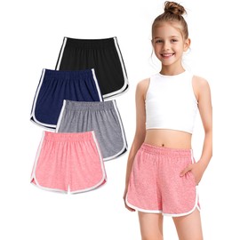 BOOPH 4 Packs Girls Shorts Quick Dry Kids Athletic Soccer Running Shorts with Pockets 13-14Y L-Gray O-Pink Navy Black