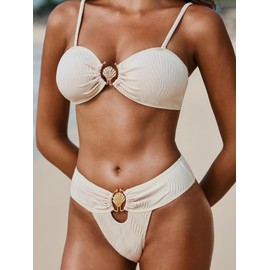 SOLY HUX Women's 2 Piece Bathing Suit High Cut Low Rise Textured Cheeky Bikini Set Swimwear Solid Apricot Medium