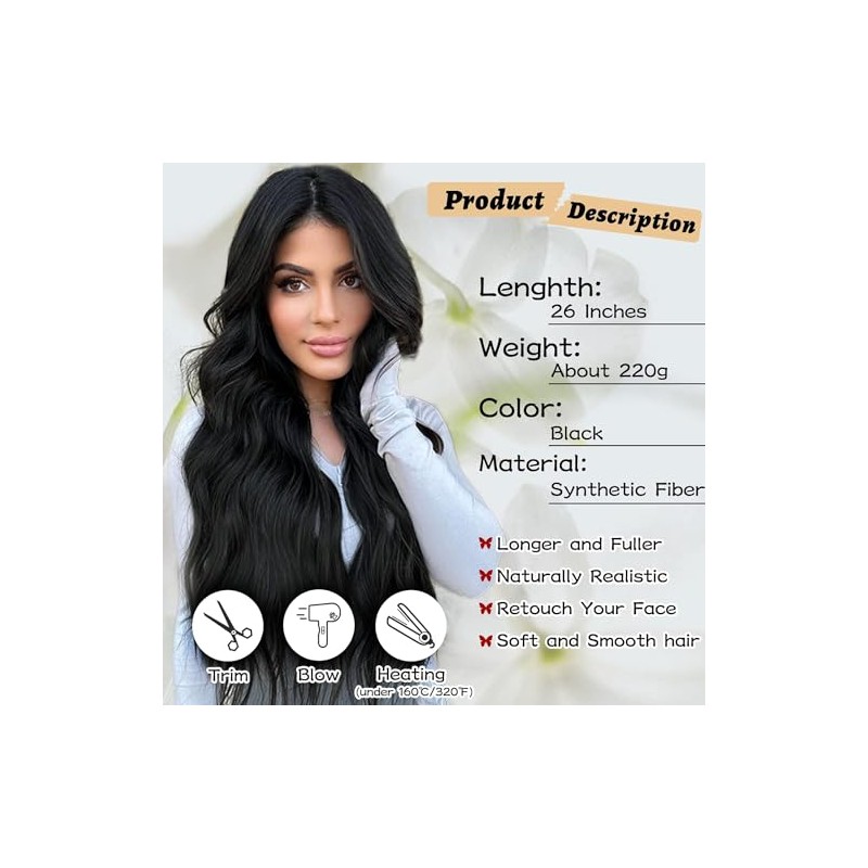Peluca Ondulada Negra Larga Lace Front para Mujer Peluca Ondulada