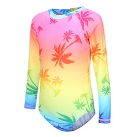 Big Girls One Piece Swimsuits Long Sleeve Rash Guard Swimshirt for Kids UPF 50+ Sun Protection Bathing Suit Gradient Palm Size 16/14-16