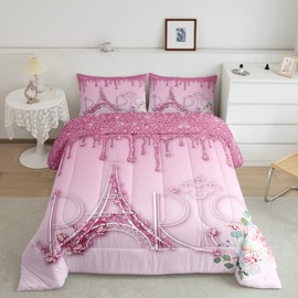 Paris Comforter Set Full Size,Eiffel Tower Flowers Bedding Set 3pcs for Kids Girls Adult Room Decor,Fantasy Gradient Pink Glitter Quilt Set Romantic Chic French Duvet Insert,2 Pillowcases