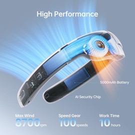 JISULIFE Portable Neck Fan, Upgraded 100 Speeds Personal Bladeless Fan Wearable with Neck Brace, LED Display, 5000mAh Rechargeable Battery Operated, Gifts for Women Men-Grey