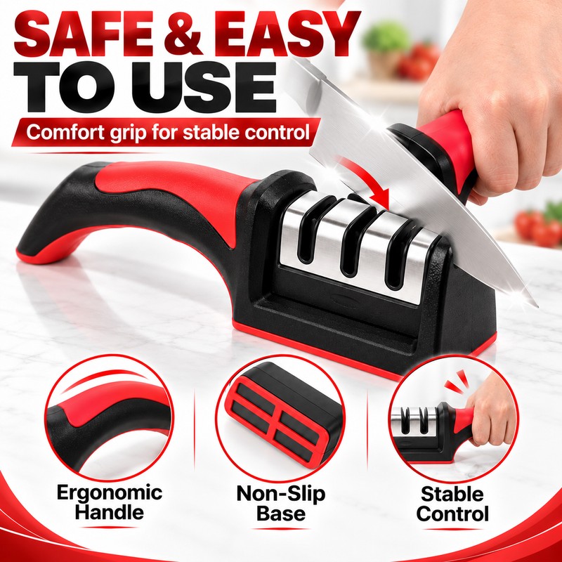 Red Carbon Steel Quick Knife Sharpener with Non-Slip Base for