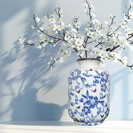 Vintage Ceramic Farmhouse Flower Vase, Rustic Home Decor, Blue and White, 7 inch Decorative Vase