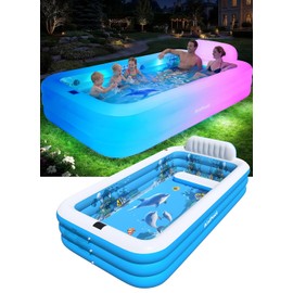 Extra Large Inflatable Pool with Lights,Upgraded Solar Powered Blow Up Pool for Adults,Inflatable Kids Swimming Pool with Seat& Backrest,Big Inflatable Kids Pool for Backyard,120x73x20IN
