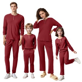 IFFEI Waffle Knit Family Matching Pajamas Sets 2 Piece Lounge Set Long Sleeve Soft Loungewear Sleepwear Joggers with Pockets Men XXL Burgundy