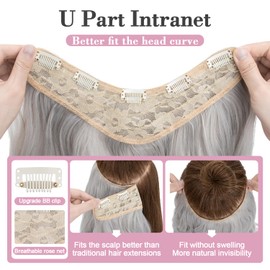 S-noilite One Piece Clip in Hair Extensions Grey 18 Inch U-Shaped One Piece Long Wavy Culry Thick Hair Extension Hairpieces Synthetic 3/4 Full Head Hair Extensions with 5 Clips for Women,#503/88A