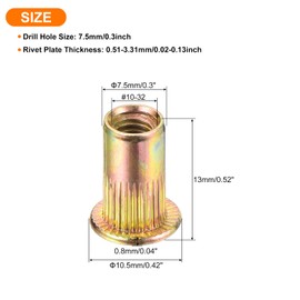 uxcell 50Pcs Rivet Nut Flat Head, #10-32 Carbon Steel Threaded Insert Nuts Knurled Body Zinc Plated Finish