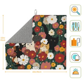 Cute Cat Flowers Dish Drying Mat 16x18 Inch, Microfiber Absorbent Fast Dry Mat Colorful Floral Large Dish Mat Drying Kitchen Mat, Kitchen Drying Pad for Kitchen Counter Coffee Bar Decor Gifts