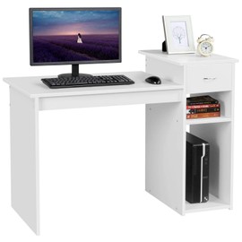 Topeakmart Small White Computer Desk with Drawers and Printer Shelves, Wood Study Writing Table Compact PC Laptop Workstation for Small Space Home Office