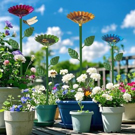 4 Pack Bee Watering Station, Bee Cups Water for Garden with Glass Marbles, Colorful Metal Butterfly Bird Feeder Supplies for Outdoor Garden Yard Farm Decor Flower Design (Green,Red,Blue,Yellow)