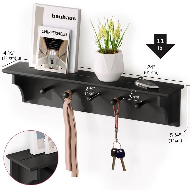 Ballucci Floating Coat and Hat Wall Shelf Rack, 5 Pegs