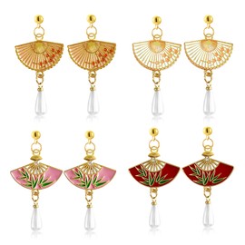 Just Follow 4 Pairs Chinese Bamboo Plum Blossom Fan Tassel Earrings Sector Drop Earrings Set Small Fan Dangle Earrings Cute Retro Ethnic Pretty Stud Earrings (4 Pairs)