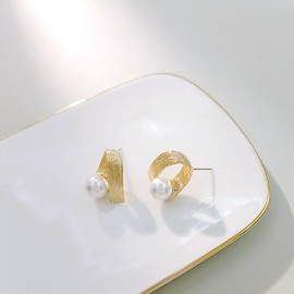 Gold Pearl Statement Arc Stud Earrings for Women, Medium Hypoallergenic Bridal Earrings Jewelry Gift for Sensitive Ears (Gold Pearl 7)