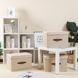 Yawinhe Storage Boxes with Lids 3 Pack, Collapsible Bin with Handle, for Organizing Clothes, 33x23x20cm, Beige, SNK018BE-S