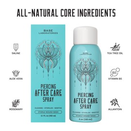 BASE LABORATORIES BASE LABORATORIES Piercing Aftercare Spray 4oz | Saline Spray for Piercings | Ear Piercing Cleaner Spray | Saline Solution for Piercings | Piercing & Keloid Bump Removal for Ears, Belly Nose Piercings