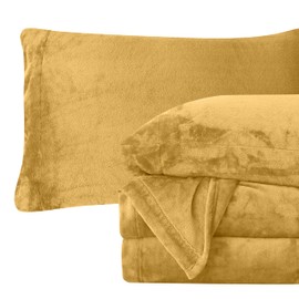 Elegant Comfort Luxuriously Soft 4-Piece Velvet Plush Flannel Sheet Set - Premium Quality - Cozy Warm, Anti-Static, Non Pilling Fuzzy Velvet Flannel Fleece Deep Pocket Sheet Set - King, Gold