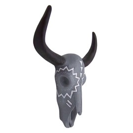Wowser Gray and White Tribal Patterned Cow Skull with Black Horns, Wall Hanging Tribal Skull Decor, Skull Steer Head Home & Office Decor, 12.75 Inches