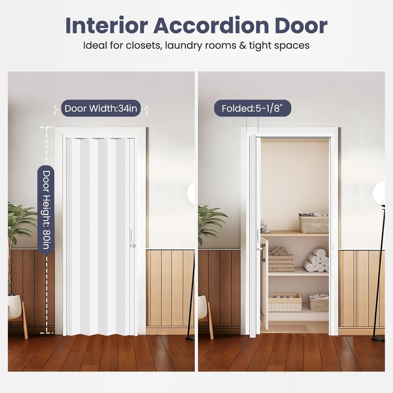 DIYHD 34X80in Accordion Door, White Double-Layer PVC Folding Interior Door