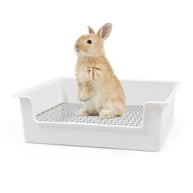 PODOO Steel Grids Rabbit Litter Box - Bunny Litter Pan Training Box, 15x11x4.7 inches, 1cm Holes Steel Mesh for Small Animals, Orange (White)