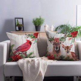 Cryfox Xmas Deer Cardinal Pillow Cover Set of 2 Christma Holiday Pillow Cases 18x18 Inch Winter Flowers Pillow Cover Cushion Case Xmas Home Decor for Couch Bed Sofa