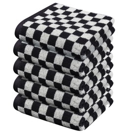 Stylifeo Cotton Hand Towels Set of 5 - Soft, Absorbent, and Decorative Checkered Design for Bathroom, Kitchen, Gym, and Spa and More,13 x 29 Inches (Black)