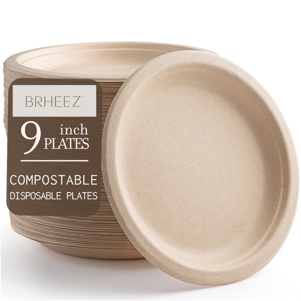 brheez 9 Inch Round Heavy Duty Natural Bagasse Fiber Disposable Plates | Eco-Friendly & 100% Natural | Biodegradable & Compostable Plate | Paper Alternative | Pack of 110