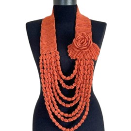 Brick Color Necklace Crochet Scarf with Rose, Leaves