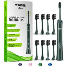 Wagner & Stern ultrasonic whitening Electric Toothbrush with 8 Charcoal Black Brush Heads. for Fresh Breath & Healthy Smile. (Green)
