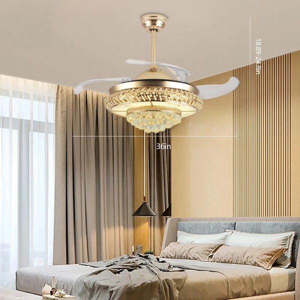 110V Modern Crystal Ceiling Fan Lamp Dimmable Chandelier w/ Remote