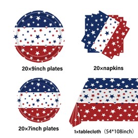American Flag Patriotic Party Decorations 4th of July Party Tableware American Flag Plates Napkins and Tablecloth Patriotic Party Supplies for Veterans Day 4th of July Independence Day Decor, Serve 20