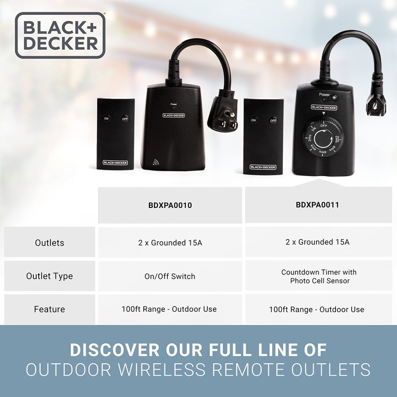 BLACK+DECKER Wireless Outdoor Timer Outlet with Remote, 2 Grounded Outlets,