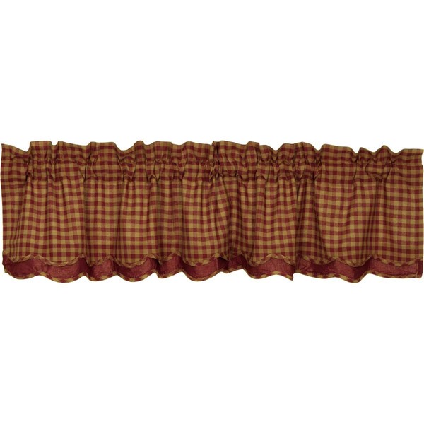 VHC Brands Burgundy Check Scalloped Layered Valance 16x72 Country Curtain, Burgundy and Tan