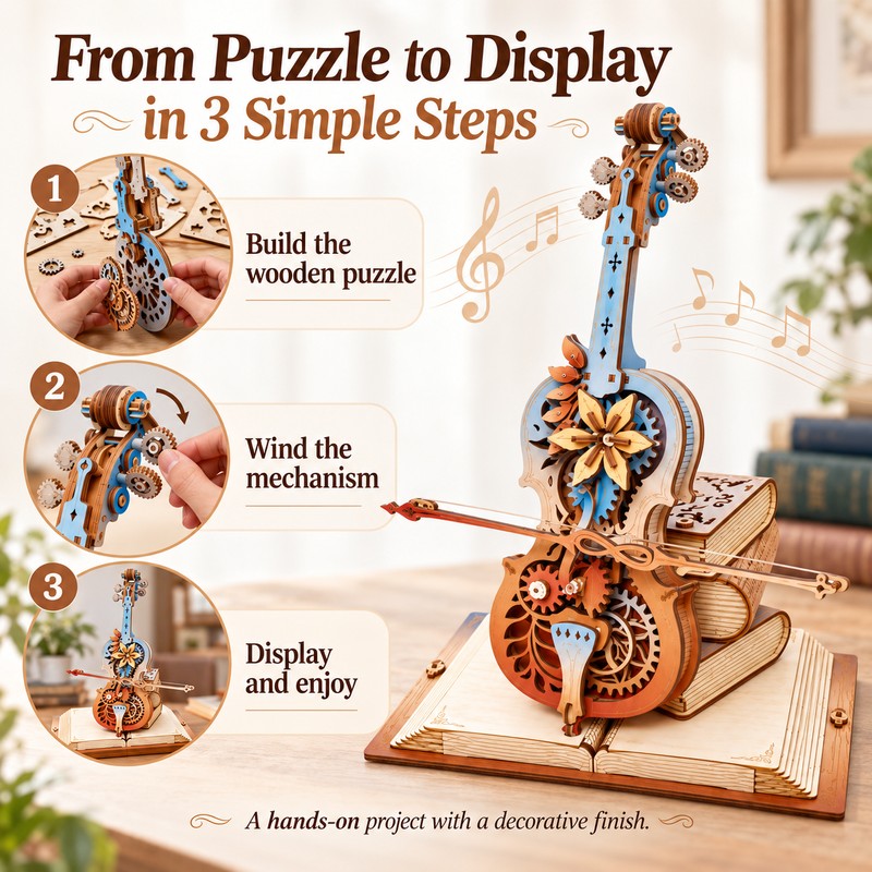 Wooden Cello 3D Puzzle Music Box for DIY Building –