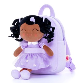 Gloveleya Toddler Backpack Baby Girls Gift Plush Bag Diaper Bag with Spring Girl Doll Curly Hair Girl Toys with Love Brown Purple 9 Inches