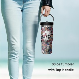 mvhsuoem 30 oz Skull Floral Flip Straw Tumbler with Top Handle for Skull Floral Lover Resuable Vacuum Insulated Flip Top Water bottle for Home Office Car