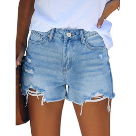 Roskiky Jeans Women's High Waist Ripped Stretch Denim Hot Pants Jeans Shorts Women, Bay Blue Rip