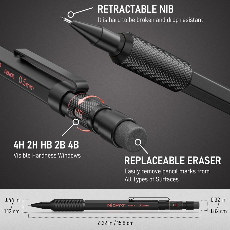 Nicpro Metal Mechanical Pencil Set, 3PCS Art Drafting Pencil 0.5,