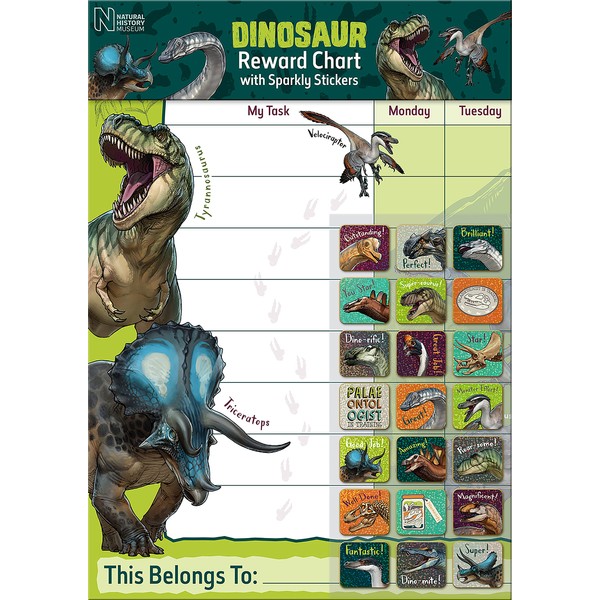 Paper Projects- Dinosaurs Grafico ricompensa dei Dinosauri del museo di Storia Naturale | Include 56 Adesivi Scintillanti, la Tabella Colorata è Lavabile, 29.7cm x 42cm, 01.70.30.027