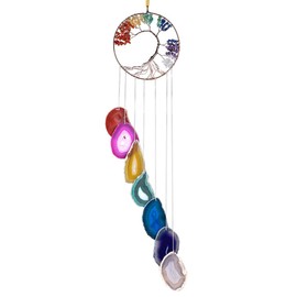 KYEYGWO Healing 7 Chakras Tree of Life Hanging Ornament, Multicoloured Agate Discs Hanging Handmade Gemstone Wind Chime Stone Dream Catcher Crystal Hanging Decoration for Home Office Wedding