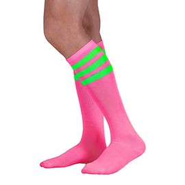 Colored Knee High Tube Socks with Colored Stripes (Neon Pink with Green Stripes)