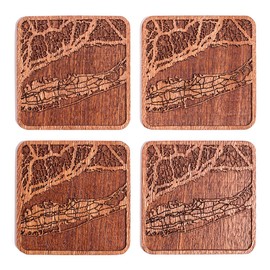 Long Island Map Coaster, Set of 4, Sapele Wooden Coaster with City Map, Handmade