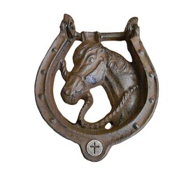 Cross Horseshoe Cast Iron Door Knocker, Housewarming, Unique Front Entry Door Horse Head
